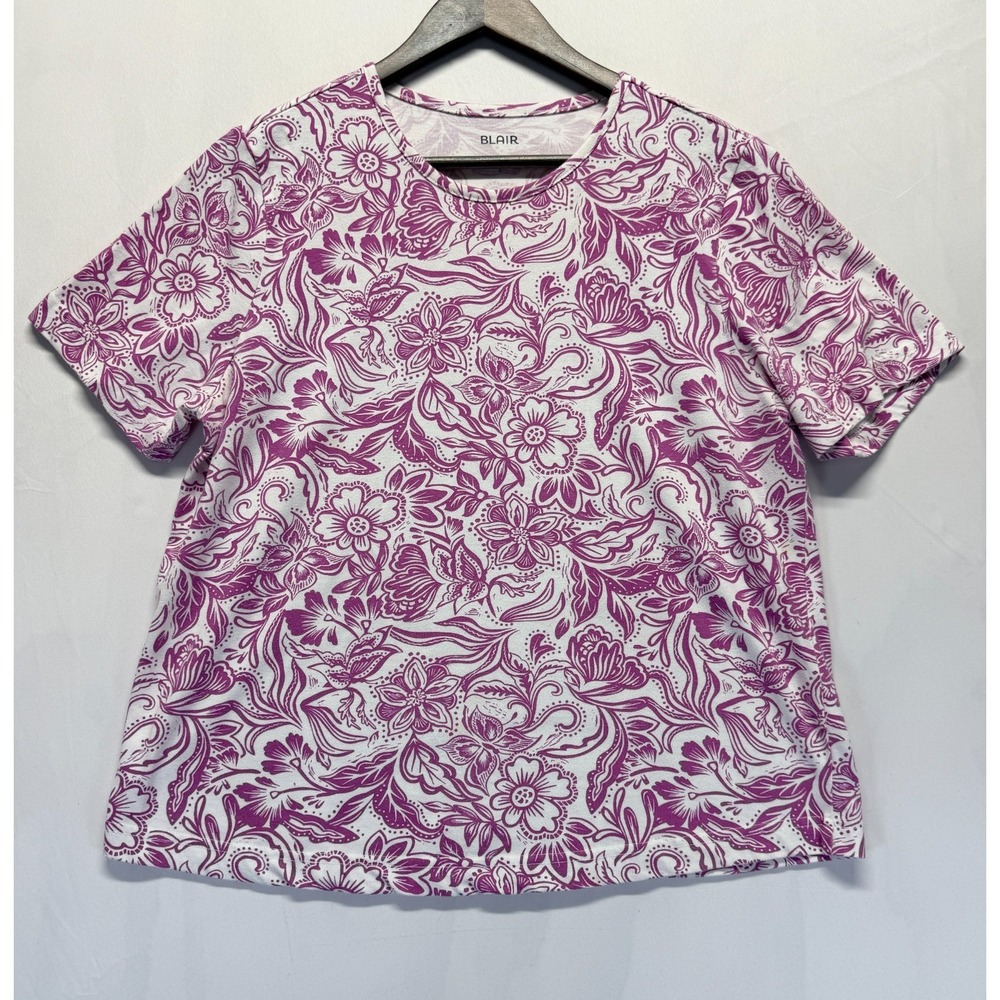 Blair T Shirt Womens Large White Purple Floral Print Cotton Casual Wear Top